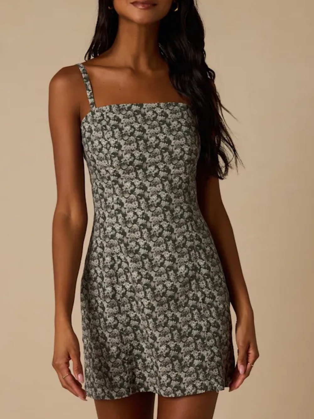 Teagan Dark Olive Floral Twill Mini Dress
